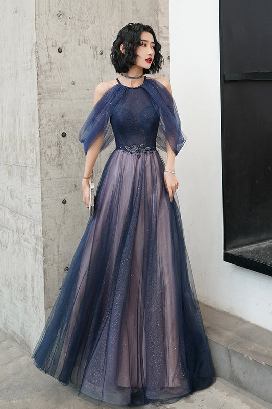 Blue Tulle Long A-Line Prom Dress, Off the Shoulder Evening Graduation Dress