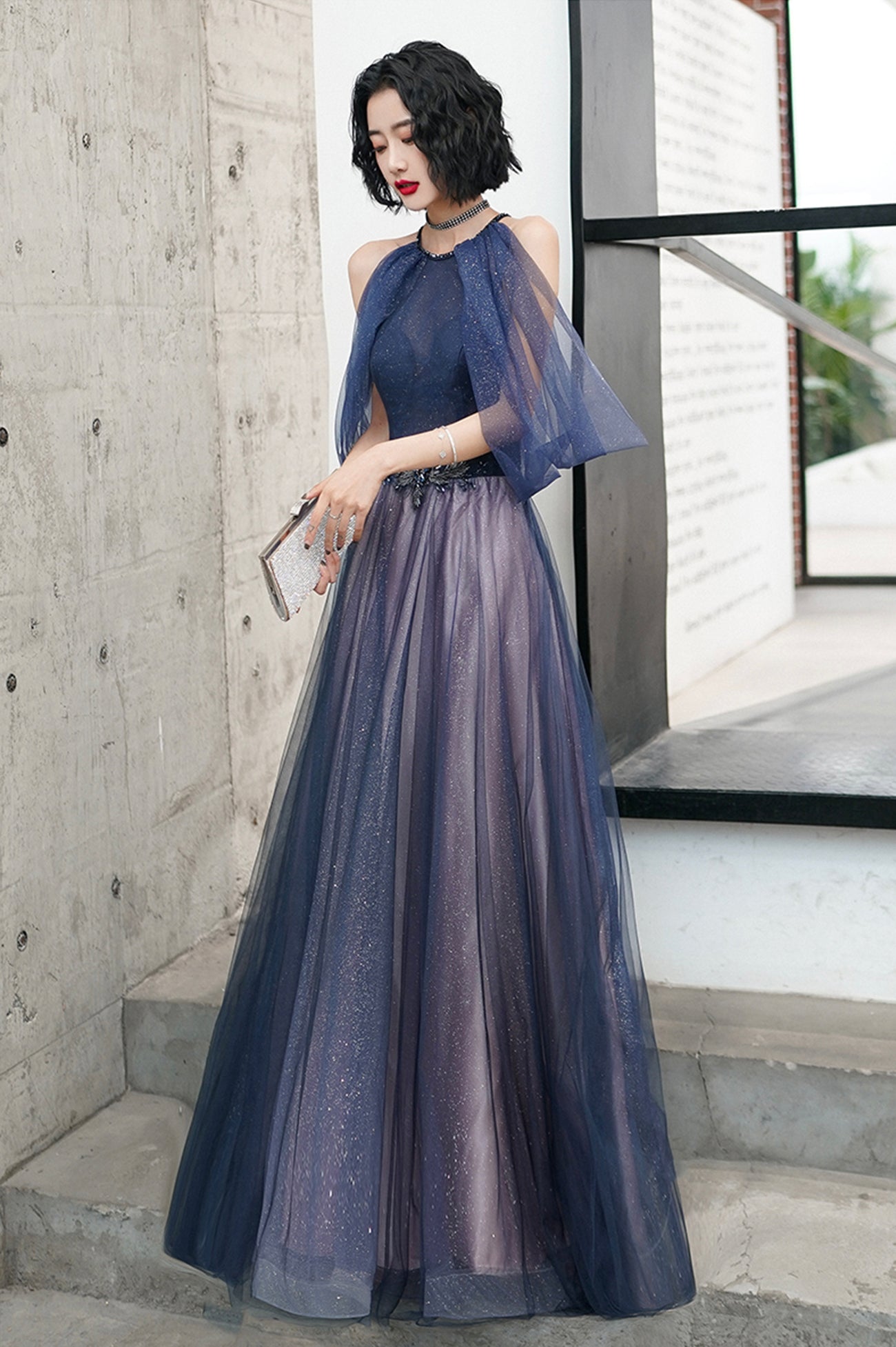 Blue Tulle Long A-Line Prom Dress, Off the Shoulder Evening Graduation Dress