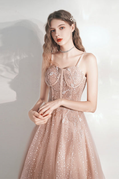 Pink Tulle Long A-Line Evening Party Dress, Cute Pink Prom Dress