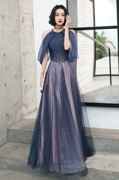 Blue Tulle Long A-Line Prom Dress, Off the Shoulder Evening Graduation Dress
