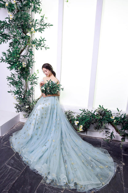 Blue Tulle Long A-Line Prom Dress with Stars, Off the Shoulder Evening Party Dress