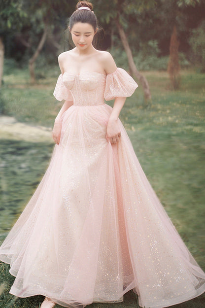 Pink Tulle Off the Shoulder Prom Dress, Cute A-Line Graduation Dress
