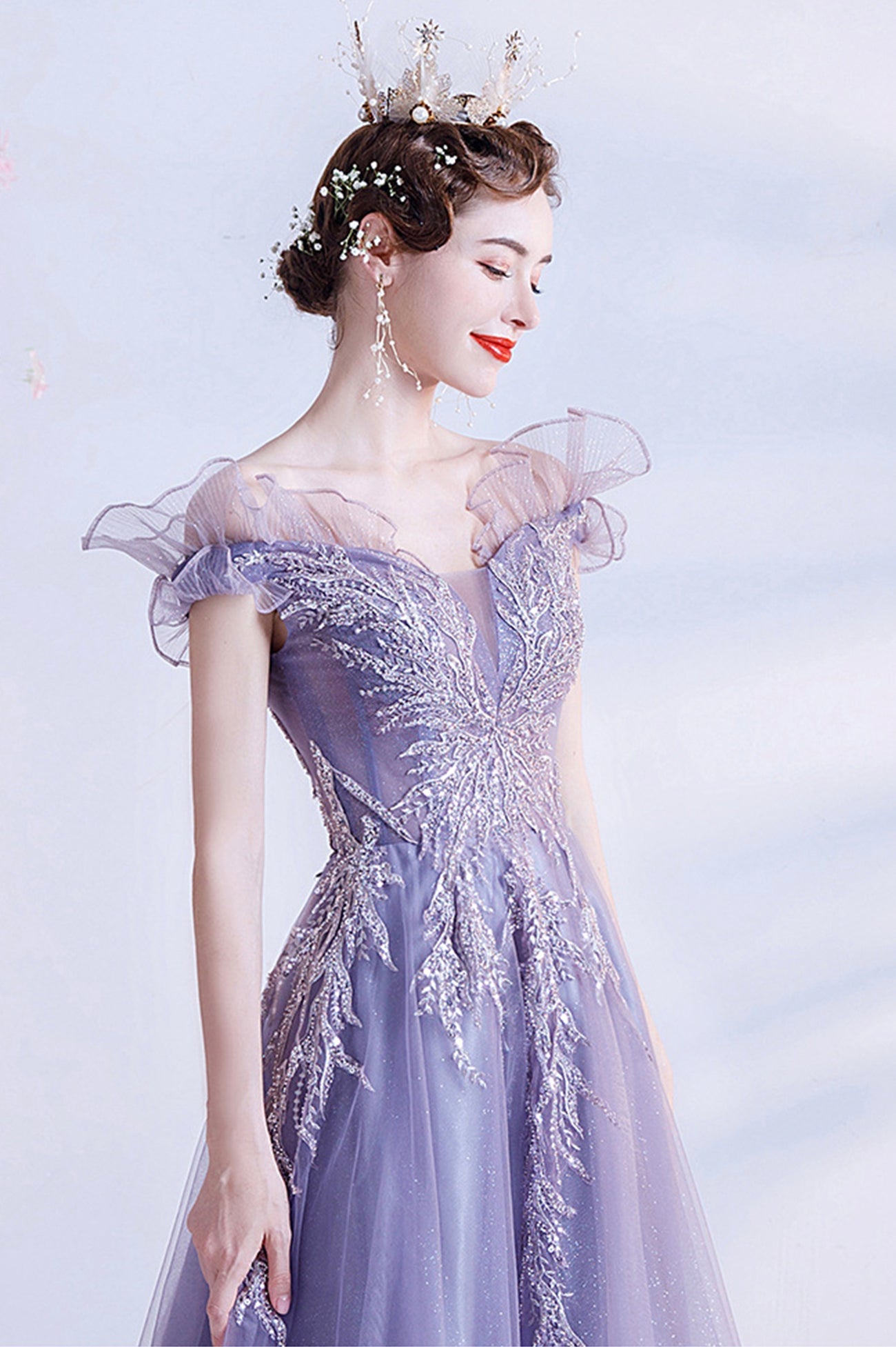 Purple Tulle Long A-Line Prom Dress with Sequins, Off the Shoulder Party Dress