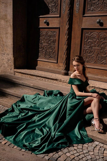 Green Satin Long A-Line Prom Dress, Off the Shoulder Evening Dress with Slit