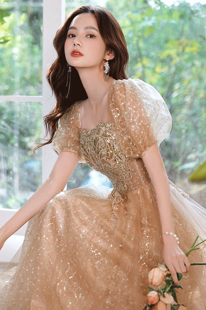 Shiny Tulle Sequins Long Prom Dress, Champagne A-Line Evening Party Dress