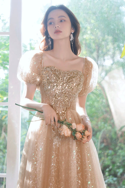 Shiny Tulle Sequins Long Prom Dress, Champagne A-Line Evening Party Dress