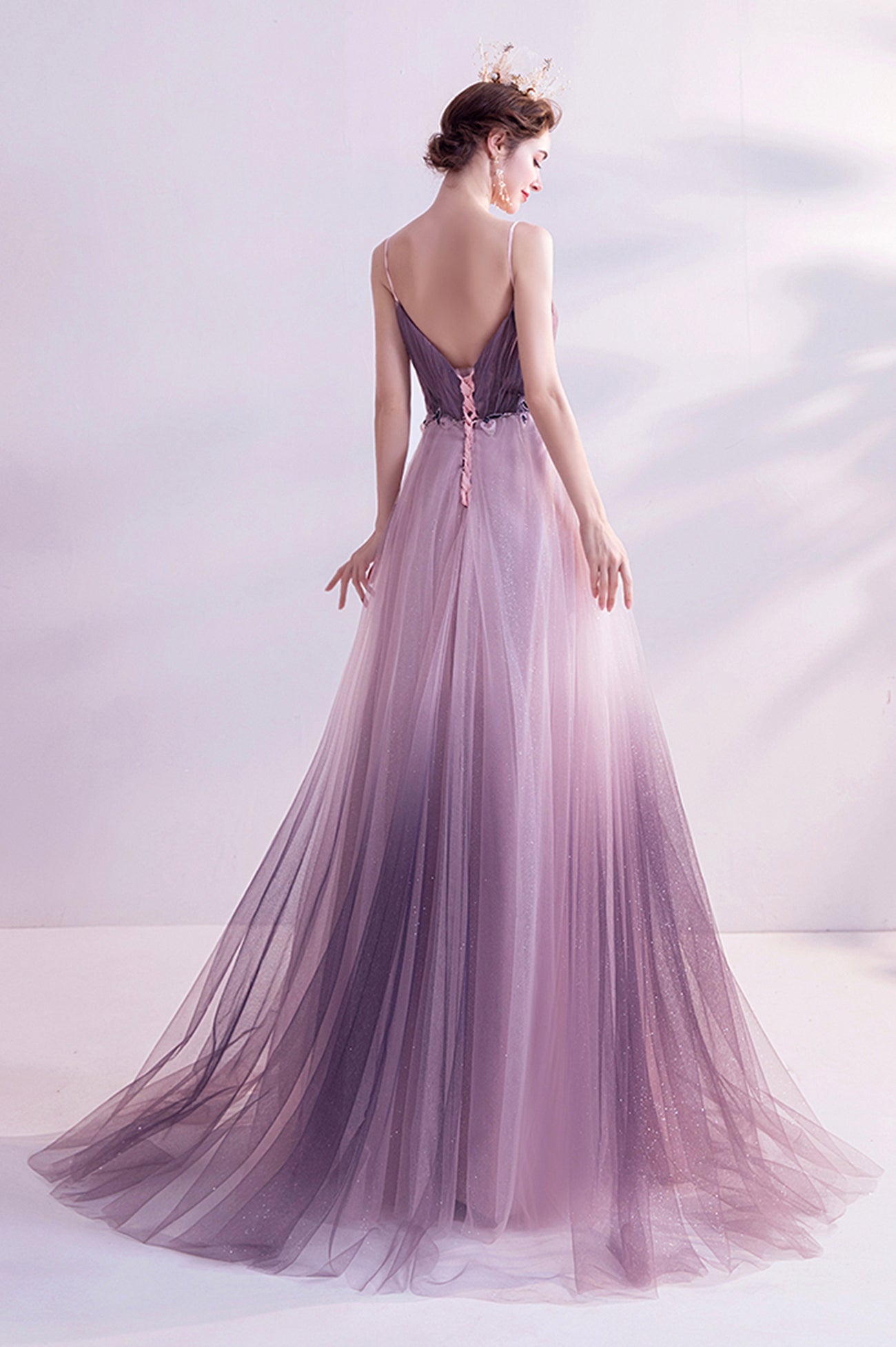 Purple V-Neck Gradient Tulle Long Prom Dress, A-Line Evening Party Dress