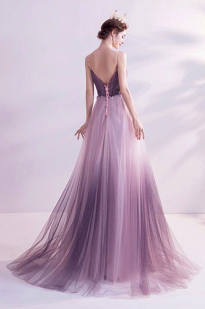 Purple V-Neck Gradient Tulle Long Prom Dress, A-Line Evening Party Dress