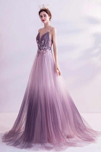 Purple V-Neck Gradient Tulle Long Prom Dress, A-Line Evening Party Dress