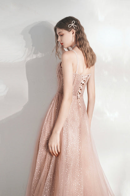 Pink Tulle Long A-Line Evening Party Dress, Cute Pink Prom Dress