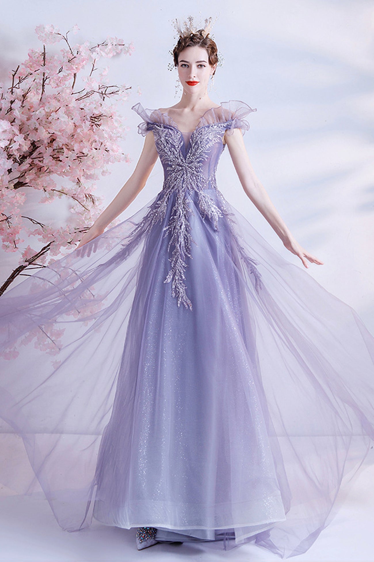 Purple Tulle Long A-Line Prom Dress with Sequins, Off the Shoulder Party Dress