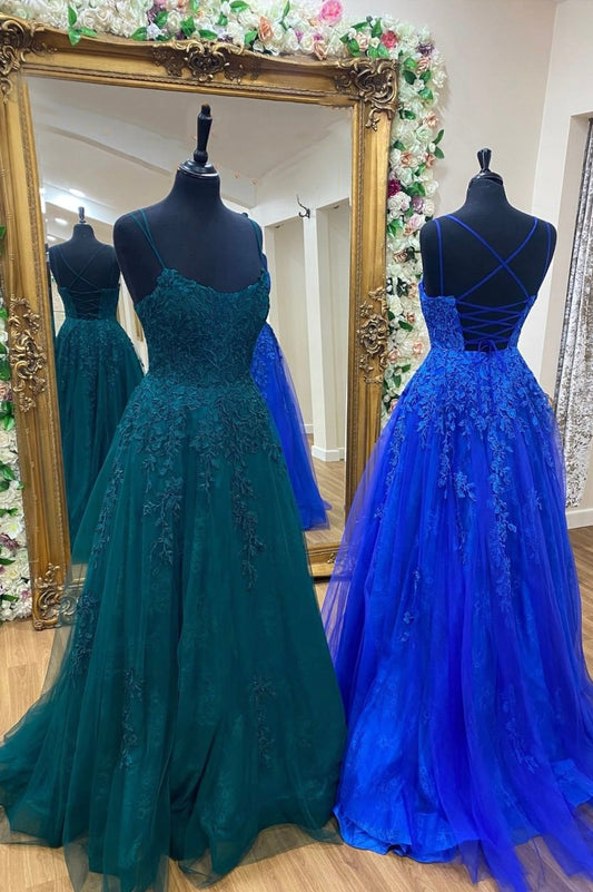 Cute Tulle Lace Long Prom Dress, A-Line Backless Evening Party Dress