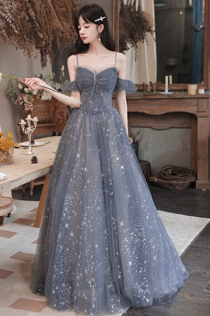 A-Line Spaghetti Straps Tulle Long Prom Dress, Cute A-Line Evening Dress