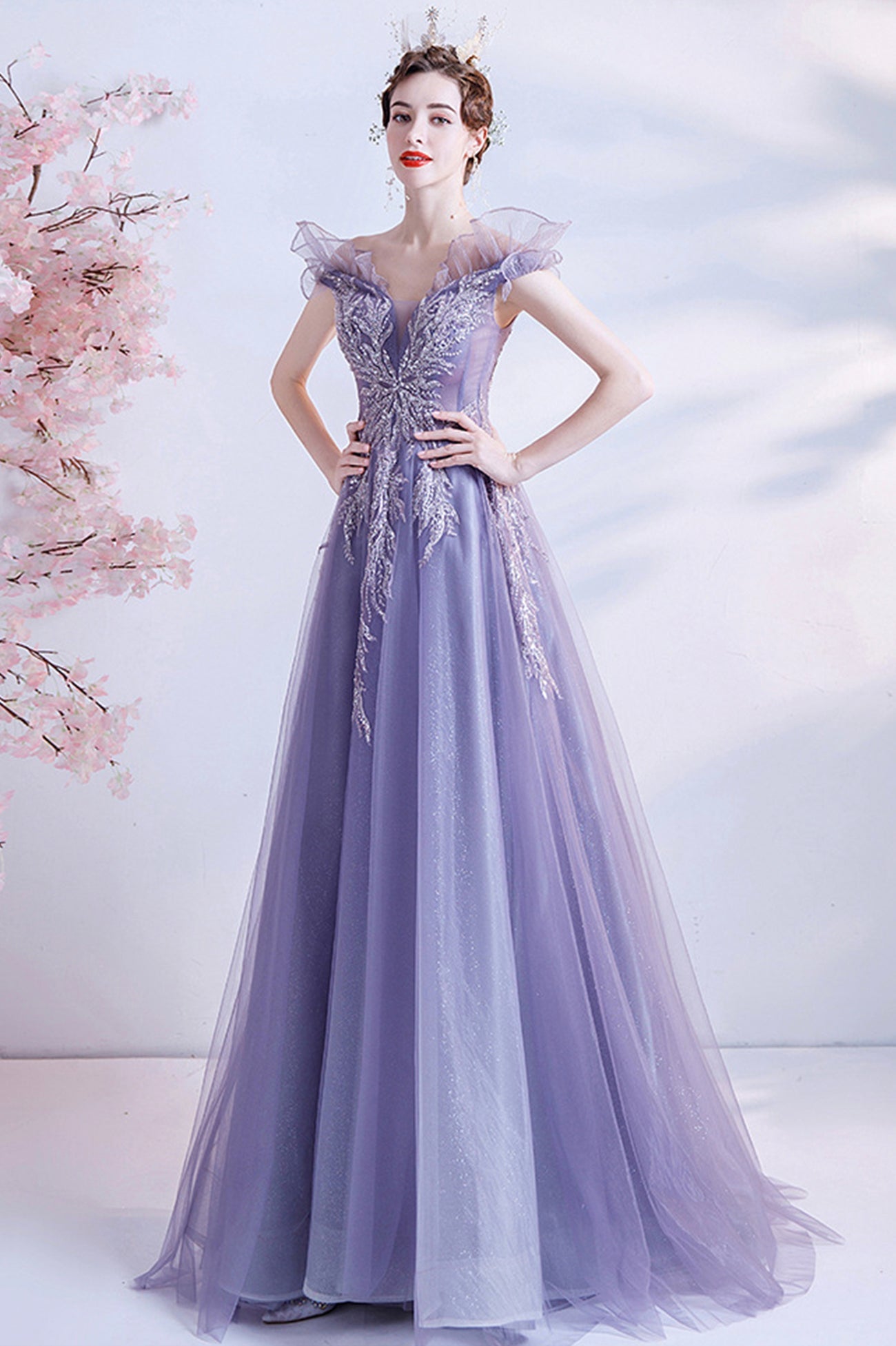 Purple Tulle Long A-Line Prom Dress with Sequins, Off the Shoulder Party Dress