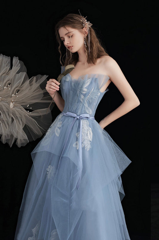 Blue Tulle Long A-Line Prom Dress with Lace, Cute Strapless Evening Party Dress