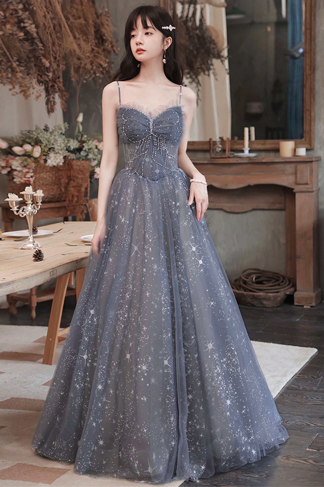 A-Line Spaghetti Straps Tulle Long Prom Dress, Cute A-Line Evening Dress