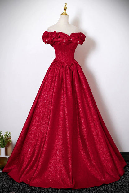Dark Red Satin Long Prom Dress, A-Line Off the Shoulder Formal Evening Dress