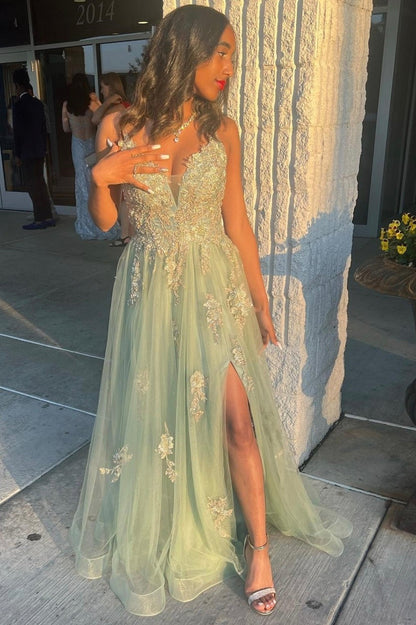 Vestido de fiesta largo de encaje con escote en V verde claro, vestido de fiesta de corte A con abertura