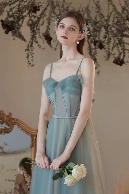 A-Line Tulle Long Prom Dress, Simple Spaghetti Strap Evening Dress