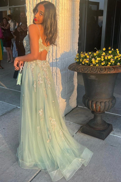 Vestido de fiesta largo de encaje con escote en V verde claro, vestido de fiesta de corte A con abertura