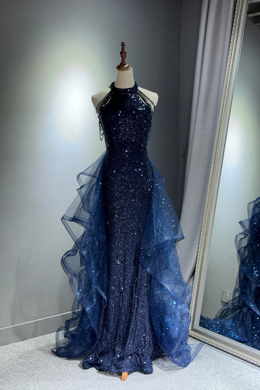 Navy Shiny Tulle Long Party Dress with Beaded, Navy Evening Party Dress