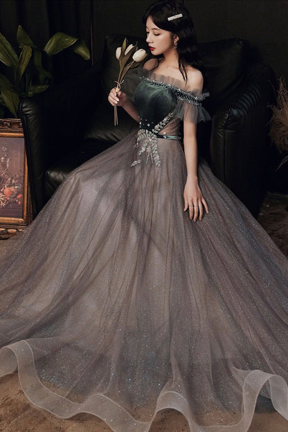 Gray Tulle Long Prom Dress with Lace, Cute Off the Shoulder Evening Dress