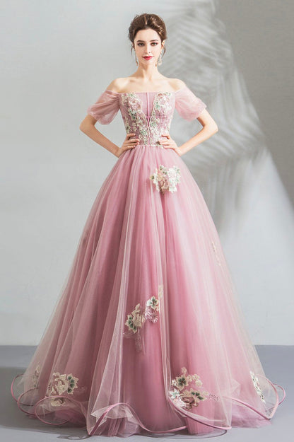 Pink Lace Long A-Line Prom Dress, Off the Shoulder Evening Party Dress