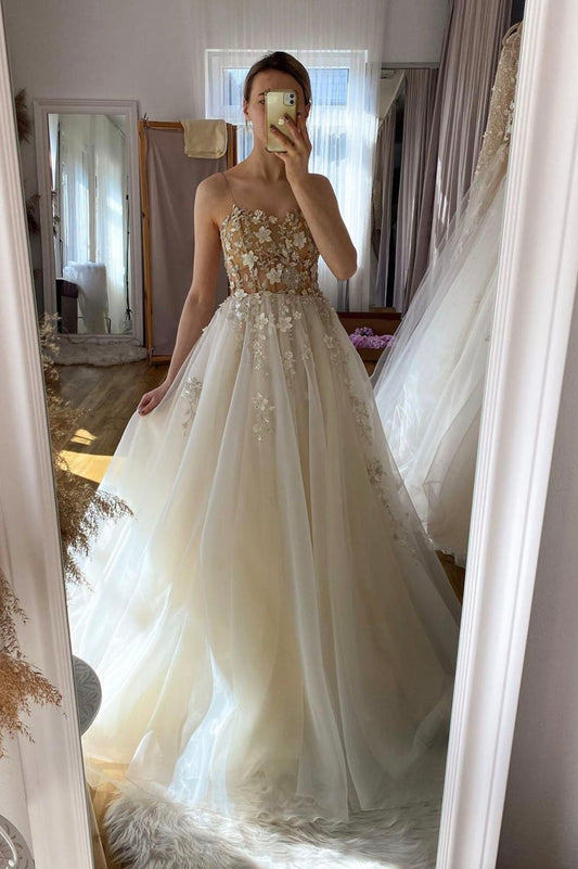 Champagne Spaghetti Strap Lace Long Prom Dresses, A-Line Evening Dress