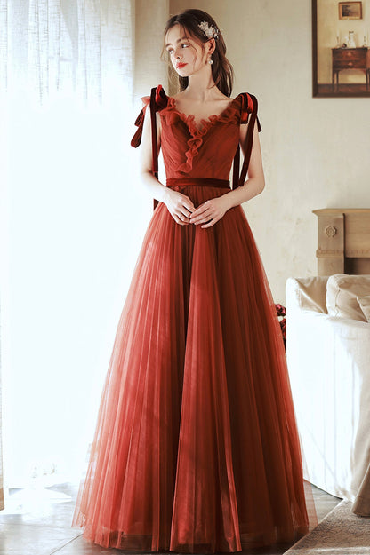 A-Line V-Neck Tulle Long Prom Dress