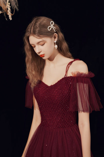 Spaghetti Straps Tulle Long Prom Dress with Beaded, Burgundy A-Line Party Dress