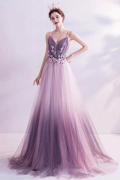 Purple V-Neck Gradient Tulle Long Prom Dress, A-Line Evening Party Dress