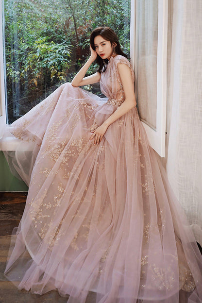 A-Line Tulle Long Prom Dress with Sequins, Cute Evening Party Dress
