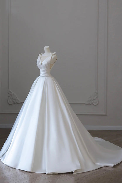 A-Line V-Neck Satin Wedding Dress, White Satin Bridal Gown with Bow
