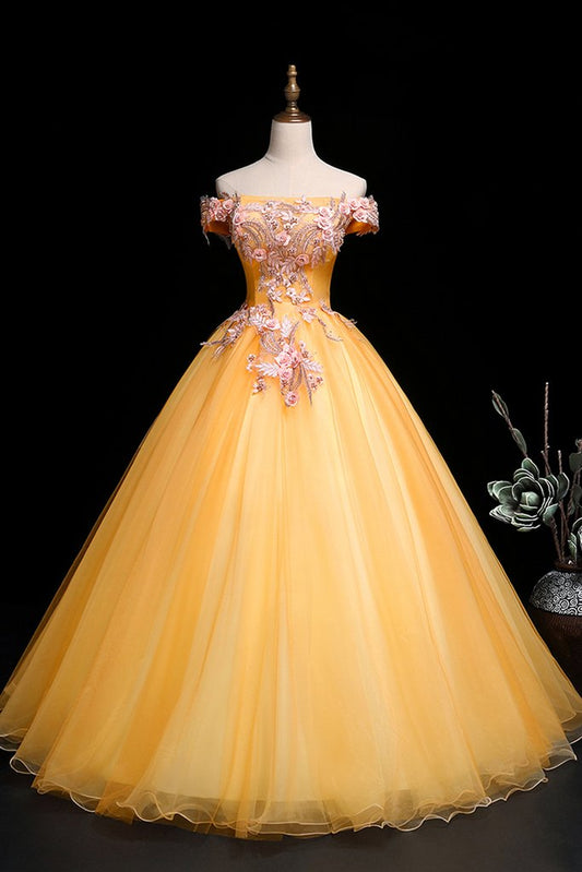 Yellow Tulle Off Shoulder Long Custom Size Senior Prom Dress, Evening Dress KS7637