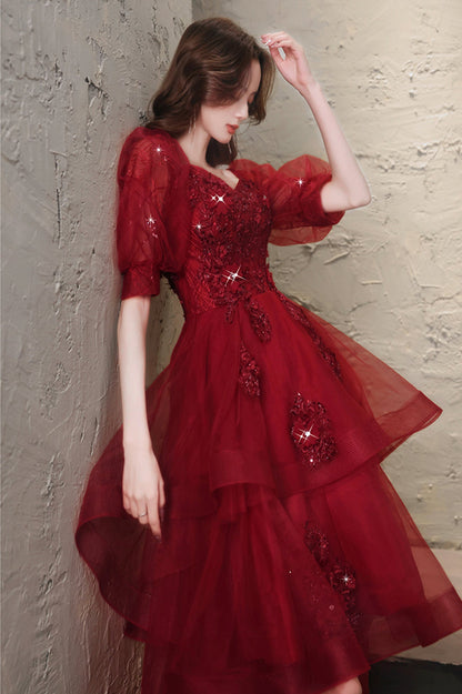 Burgundy Lace High Low Prom Dress, A-Line 1/2 Sleeve Evening Party Dress