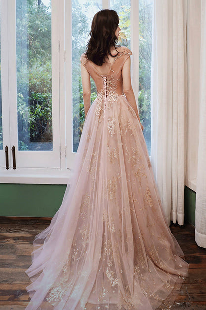 A-Line Tulle Long Prom Dress with Sequins, Cute Evening Party Dress