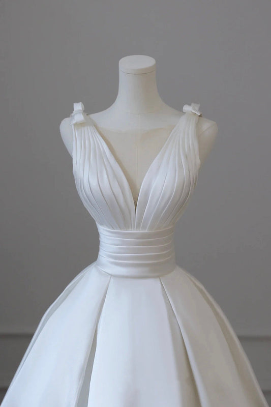 A-Line V-Neck Satin Wedding Dress, White Satin Bridal Gown with Bow