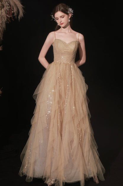 Shiny Tulle Sequins Long Prom Dress, Champagne A-Line Graduation Dress