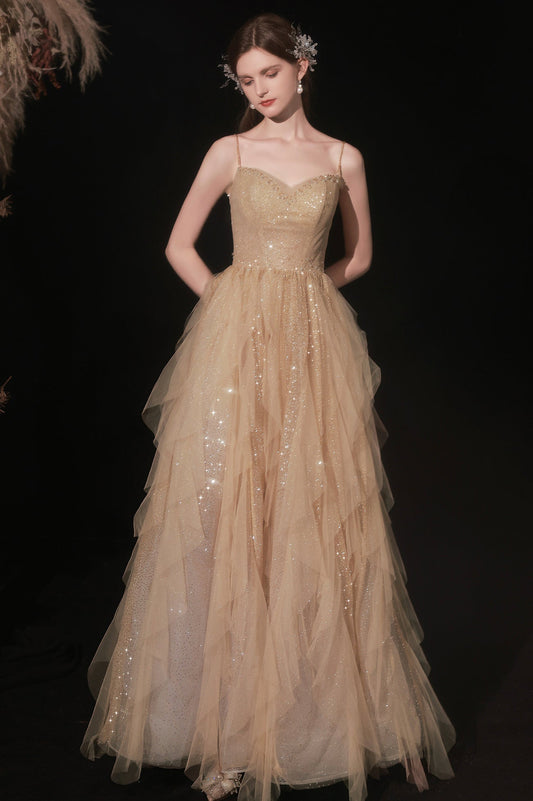 Shiny Tulle Sequins Long Prom Dress, Champagne A-Line Graduation Dress