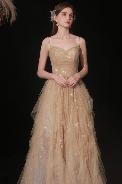 Shiny Tulle Sequins Long Prom Dress, Champagne A-Line Graduation Dress