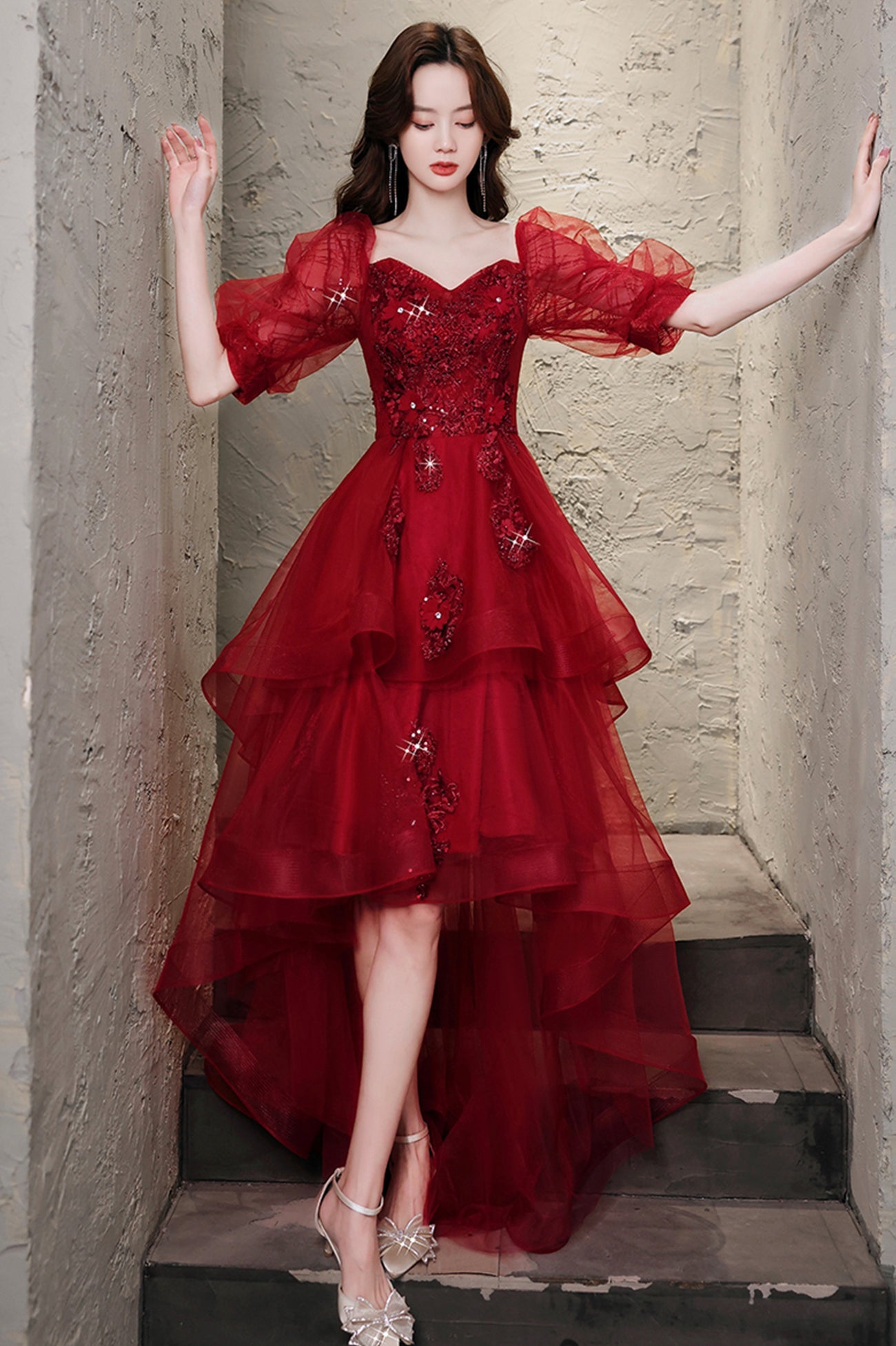 Burgundy Lace High Low Prom Dress, A-Line 1/2 Sleeve Evening Party Dress