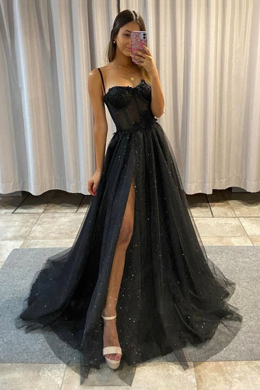 Shiny Black Tulle Long Prom Dress With Appliques, Slit Evening Gown GP302