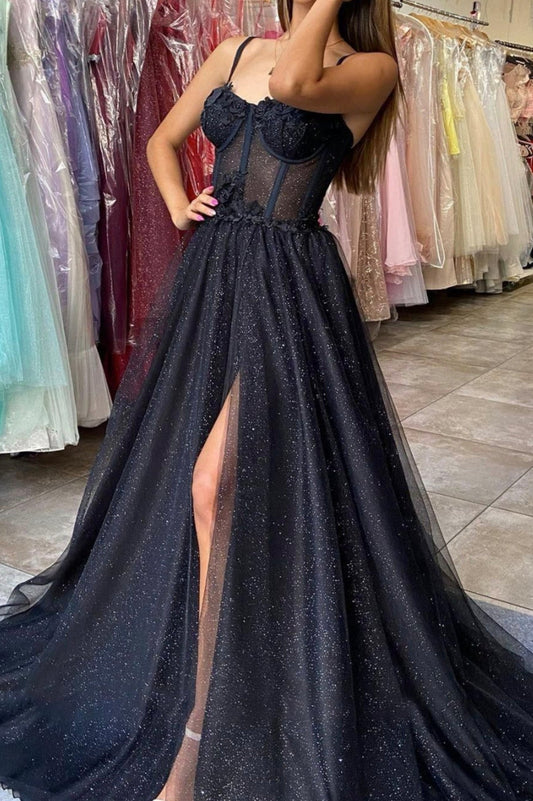 Shiny Black Tulle Long Prom Dress With Appliques, Slit Evening Gown GP302