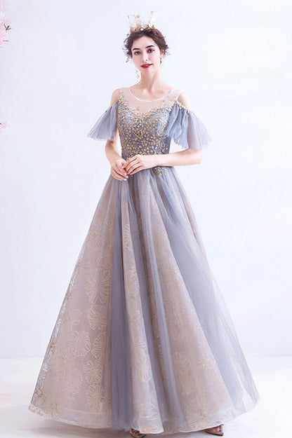 A-Line Tulle Sequins Floor Length  Prom Dress, Purple Formal Evening Dress