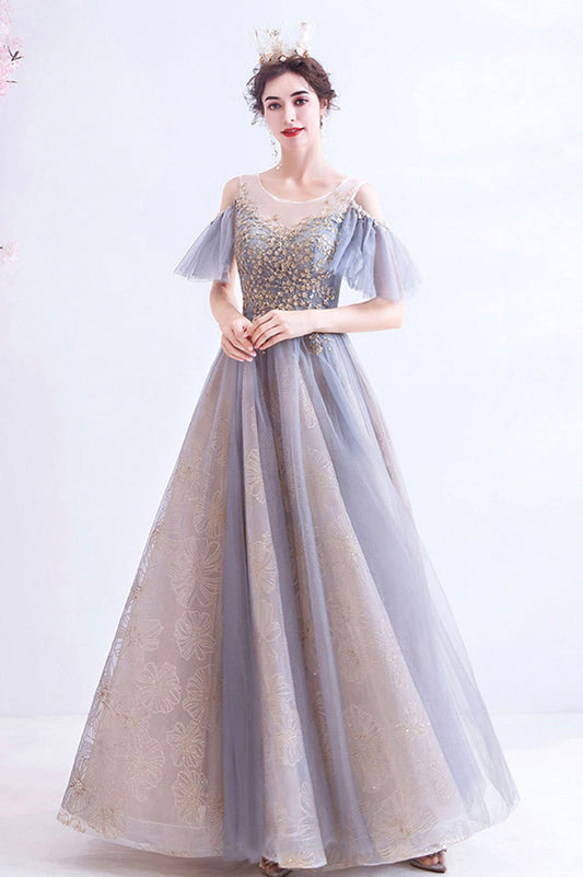 A-Line Tulle Sequins Floor Length  Prom Dress, Purple Formal Evening Dress