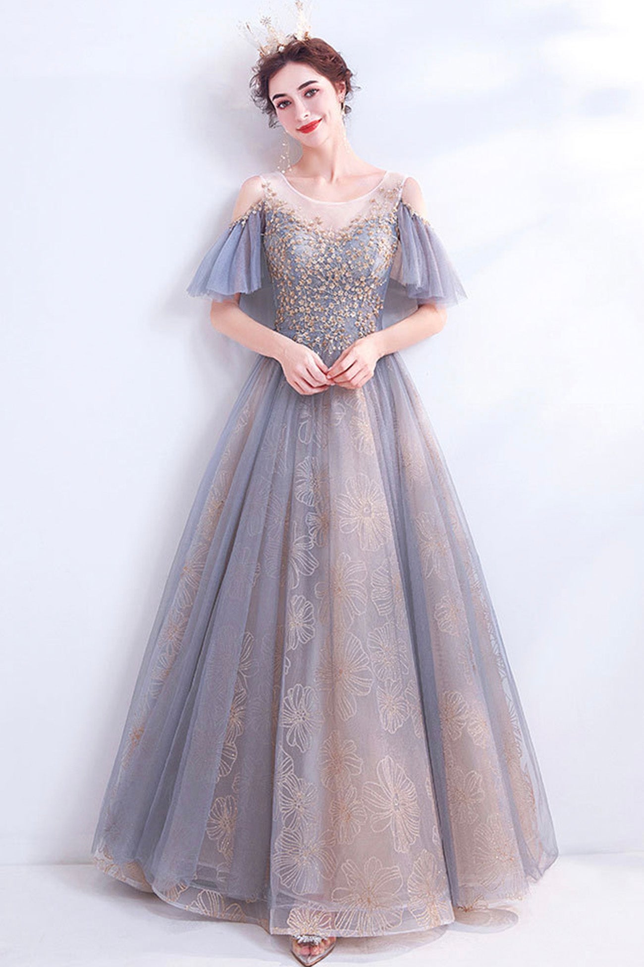 A-Line Tulle Sequins Floor Length  Prom Dress, Purple Formal Evening Dress