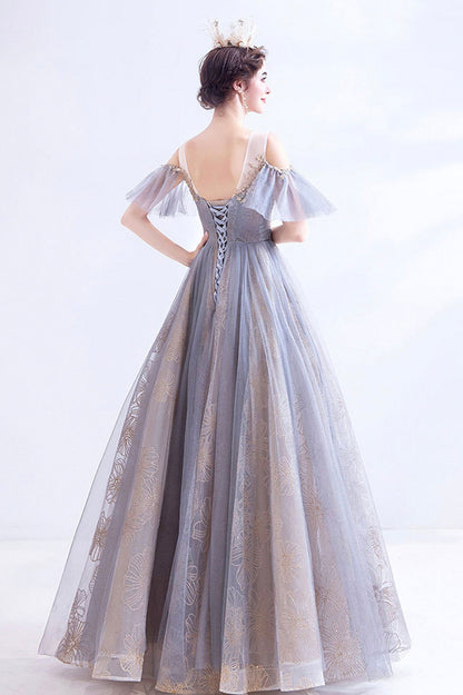 A-Line Tulle Sequins Floor Length  Prom Dress, Purple Formal Evening Dress
