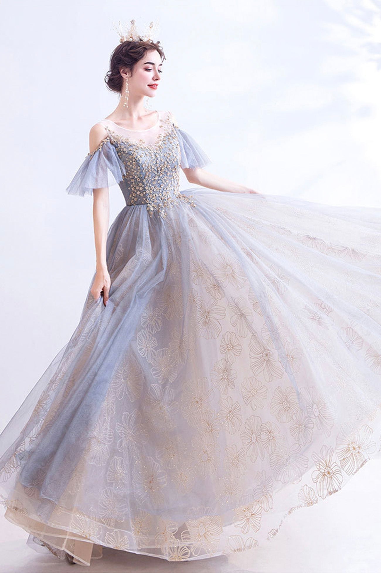 A-Line Tulle Sequins Floor Length  Prom Dress, Purple Formal Evening Dress