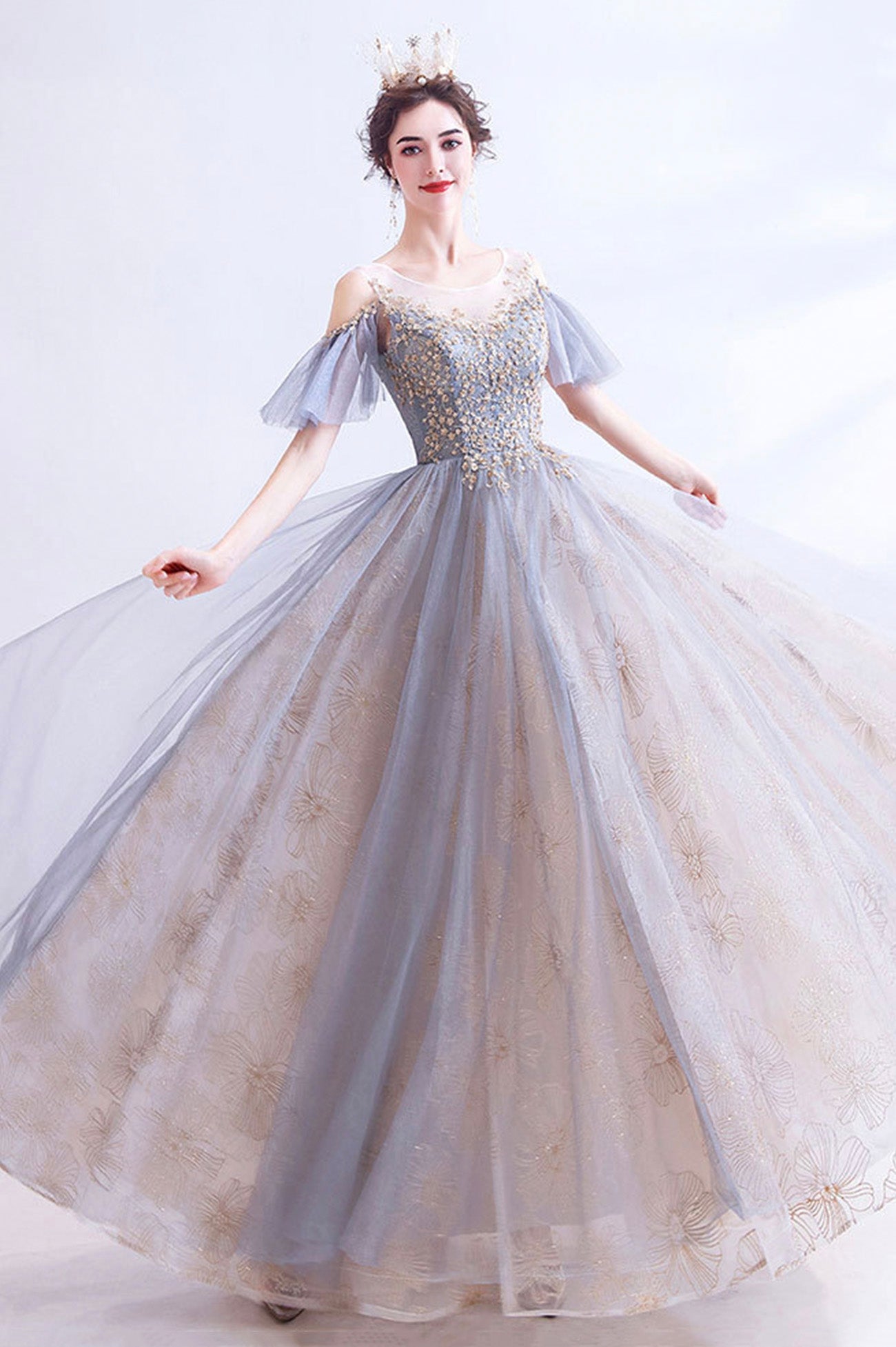 A-Line Tulle Sequins Floor Length  Prom Dress, Purple Formal Evening Dress