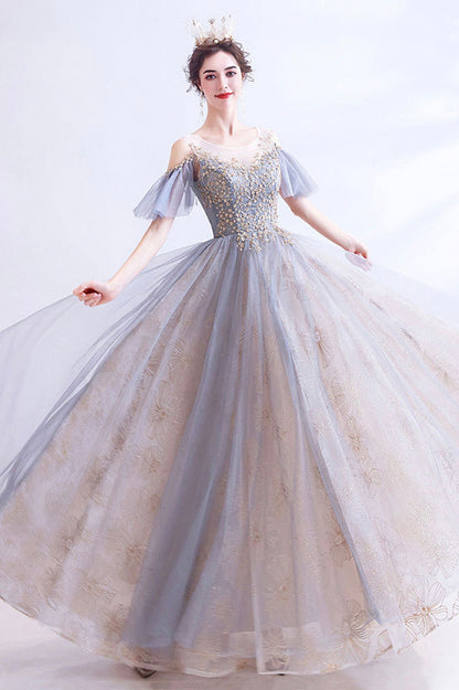 A-Line Tulle Sequins Floor Length  Prom Dress, Purple Formal Evening Dress